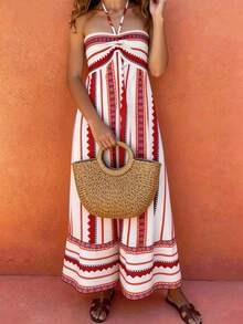 Vaclyn Women's Casual Geometric Print Halter Neck Vacation Dress - Red - View 6