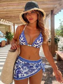 Swim Vcay Bikini Segitiga Halter dan Rok Pantai Motif Cetak untuk Liburan Pantai Musim Panas Wanita - MultiWarna - View 2