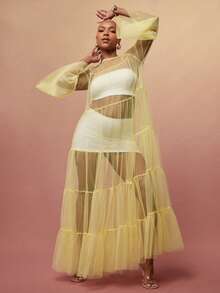 Vixey Sheer Mesh Bell Sleeve Tiered Flowy Layering Dress - Yellow - View 4