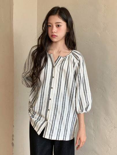 DAZY 少女条纹单排扣休闲百搭日常衬衫