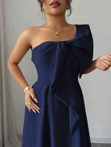 Elenzga Plus Size Women's Asymmetric Asymmetrical Shoulder Romantic Dress With Plus Size Bow Waist Tie, Suitable For Party, Wedding Guest, Bridesmaid, Autumn/Winter Women Elegant Outfits Where To Buy Evening Dresses Women's Dress Formal Wear Women Dresses Elegant Classic Bridesmaid Gown For Wedding - Navy Blue - View 6