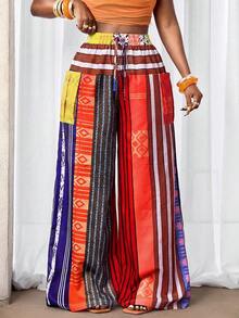 SHEIN BamGlam Pantalones rectos con estampado de rayas de colores para mujer, perfectos para vacaciones en la playa - Verde Oliva - Ver 4