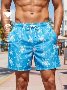 Manfinity Swimmode 男士波西米亚风淡蓝色沙滩短裤，带海龟和海星印花三角形衬里和口袋，夏威夷风 - 淺藍色 - 查看 1