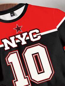 Manfinity Homme 男士撞色字母印花T恤套装，两件套，适合夏季、户外、上学、运动穿着 - 黑色 - 查看 3