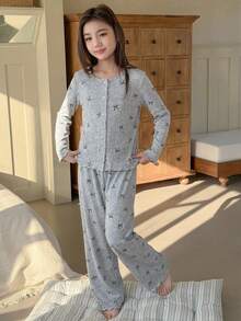 DAZY 少女蝴蝶印花长袖纽扣上衣、吊带背心和裤子睡衣套装 - 灰色 - 查看 4