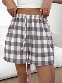 DAZY Plaid Pattern Loose Fit Shorts, Women Summer Casual Sleepwear Bottoms - Grey - View 6