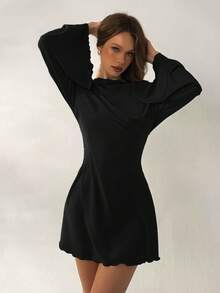 Vestido de manga larga con cuello drapeado, espalda descubierta, elegante, sexy y romántico, de color verde claro sólido, adecuado para citas y tardes de té - Negro - Ver 5