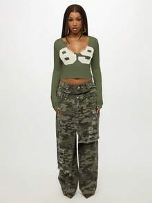 SUMWON WOMEN 蝴蝶印花长袖短款上衣 圆领修身 T 恤 - 卡其色 - 查看 3