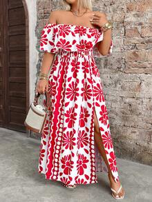 GlowEve CURVE Plus Size Women's Summer Romantic Floral Print Ruffle Trim Off-Shoulder Elastic Waist Maxi Dress, Suitable For Beach Vacation And Travel - Red - View 4