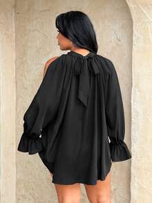Rustia Blusa asimétrica informal con hombros descubiertos, talla grande, para primavera/verano - Negro - Ver 2