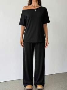 SHEIN Tall 女士夏季极简街头风基础日常穿搭外出运动舒适露肩T恤和阔腿运动裤两件套，秋季 - 黑色 - 查看 9