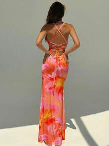 Aloruh 女士优雅度假橙色百合印花露背吊带连衣裙，沙滩度假连衣裙，橙色连衣裙，沙滩度假套装，夏威夷连衣裙 - 橘色 - 查看 7