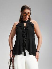 LYSMO Blusa con bufanda anudada minimalista para mujer talla grande - Negro - Ver 6