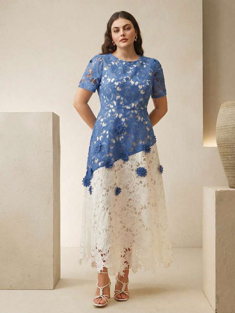 Anewsta Spring/Summer Elegant Women's Round Neck Water-Soluble Lace Color Block Asymmetric Ruffle Waist A-Line Short Sleeve Plus Size Dress