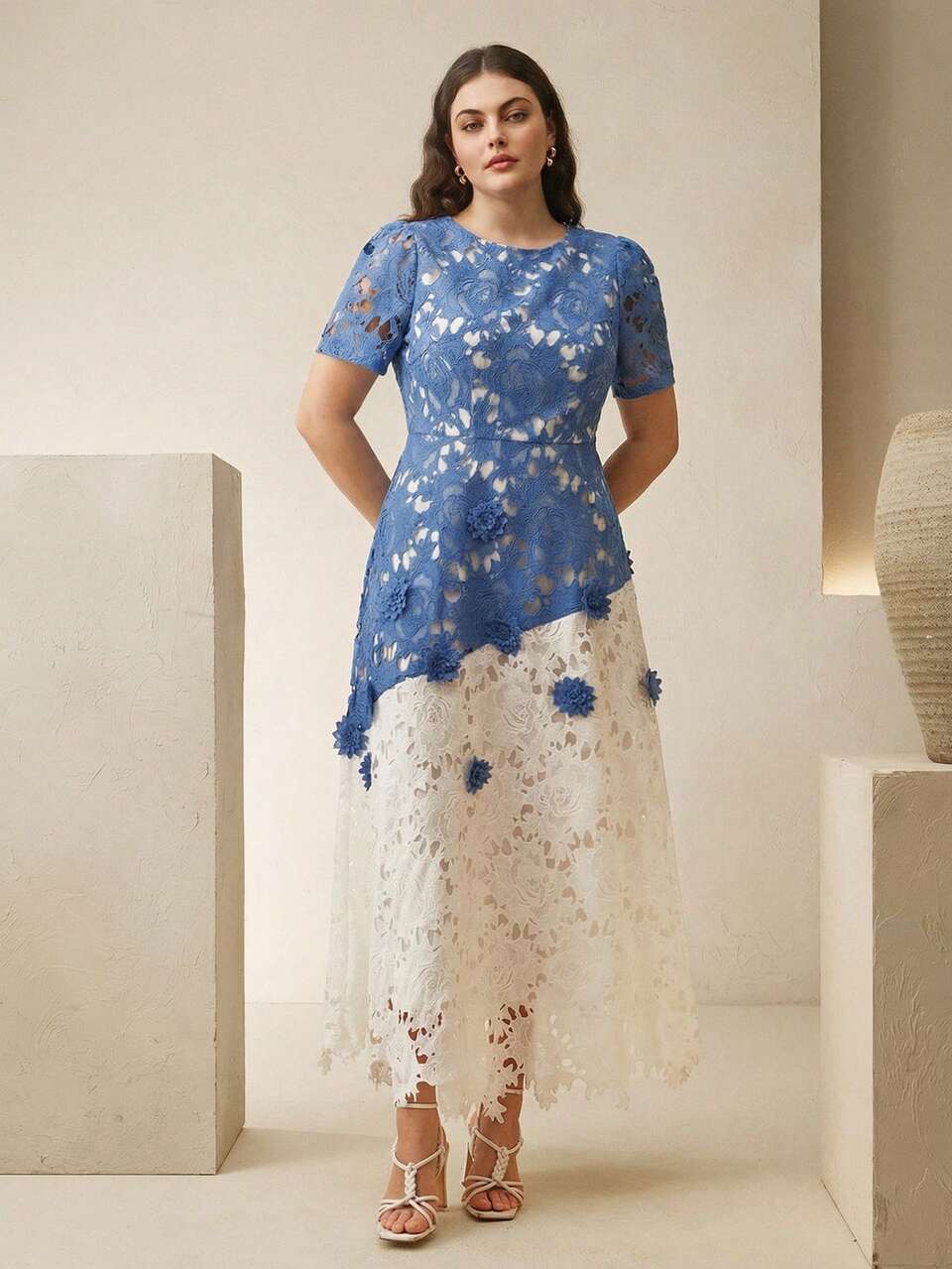 Anewsta Spring/Summer Elegant Women's Round Neck Water-Soluble Lace Color Block Asymmetric Ruffle Waist A-Line Short Sleeve Plus Size Dress