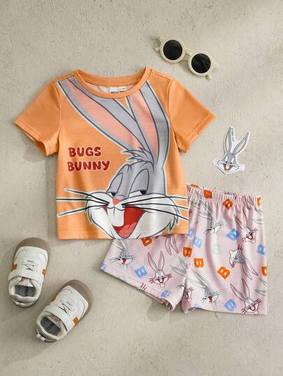LOONEY TUNES X SHEIN 男婴卡通印花圆领短袖T恤和短裤休闲套装