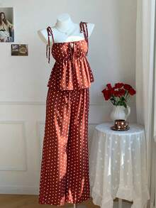 Comfortcana 大码女式波点印花吊带背心和裤子两件套，可爱波点两件套，适合夏季和万圣节 - 棕色 - 查看 5