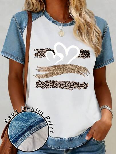EMERY ROSE Women's Denim-Look Printed Patchwork Crewneck Long-Sleeve Relaxed-Fit T-Shirt Features A Heart-Shaped Leopard Print With Retro-Inspired Patterns Perfect For Summer, Versatile Casual Style Fashion T-Shirt, Stylish And Flattering Ideal Gift For Siblings, Sisters, Or Mom Great For Mother's Day Casual Yet Chic Top For Everyday Wear
