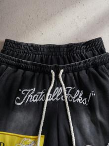 LOONEY TUNES X SHEIN Men's Letter Print Drawstring Waist Slant Pocket Casual Shorts - Black - View 4