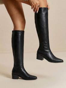 Women's Casual Fashion Chunky Heel Knee-High Boots - Black - View 6
