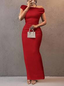 Slaydiva 2025春夏新品，适合生日派对、返校、校园风、日常穿着、休闲、度假、邮轮旅行、海滩、日光浴、网红、街头风、优雅、通勤、商务休闲、性感、单肩、修身、纹理竖条纹面料、绿色女士长裙 - 紅色 - 查看 8