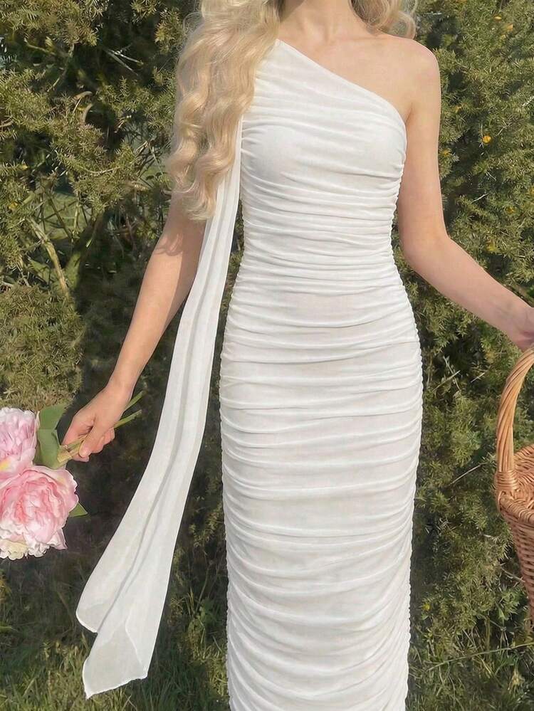 SHEIN Vestido de punto blanco largo, ajustado, con volantes en el hombro asimétrico y la cintura, elegante y casual para niña preadolescente. Adecuado para fiestas de cumpleaños, atuendos de vuelta al colegio, reuniones y uso casual. - Blanco - Añade 1
