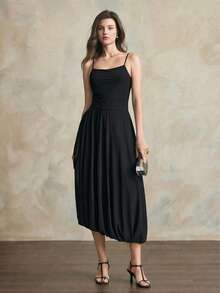 Ontre Women's Elegant Summer Mid-Length Dress,Black Solid Color With Pleats,Waist-Cinching Asymmetric Design,Relaxed Fit For Day Party,Weddings&Office Wear - Black - View 1