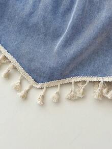 Blossori 2pcs/Set Young Girl'Blue Tassels Denim Camisole Top With Fringe Hem And Loose Shorts,Kid Girls Summer Spring Casual Country Boho Beach Outfits Set - Light Wash - View 5