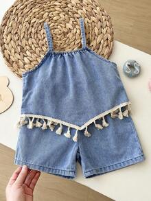 Blossori 2pcs/Set Young Girl'Blue Tassels Denim Camisole Top With Fringe Hem And Loose Shorts,Kid Girls Summer Spring Casual Country Boho Beach Outfits Set - Light Wash - View 8