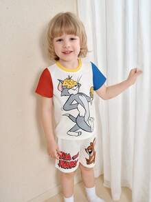 TOM & JERRY X SHEIN Bộ áo thun và quần short in họa tiết tối giản cho bé trai. - trắng - Xem 4