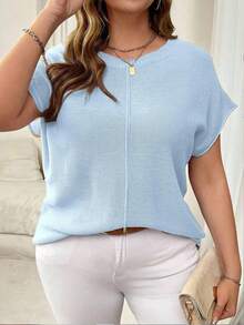 Vionelle Plus Size Solid Color Minimalist Knit Sweater, Suitable For Commuting - Baby Blue - View 5