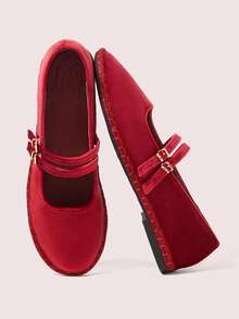 CUCCOO DOLLMOD Women's Shoes Classic Black Flower Embroidery Velvet Bow Flats Mary Jane - Red - View 1