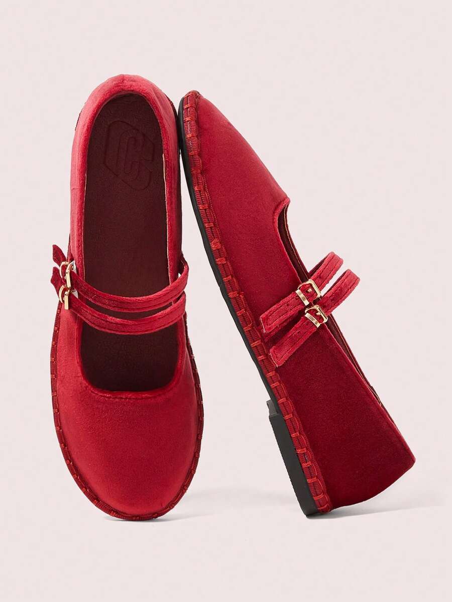 CUCCOO DOLLMOD Women's Shoes Classic Black Flower Embroidery Velvet Bow Flats Mary Jane - Red - View 1