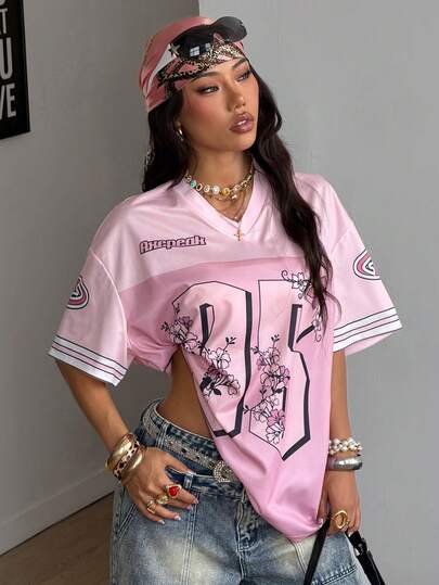 Coolane Camiseta de béisbol oversize con número impreso, estilo deportivo vintage y de festival de verano para mujer