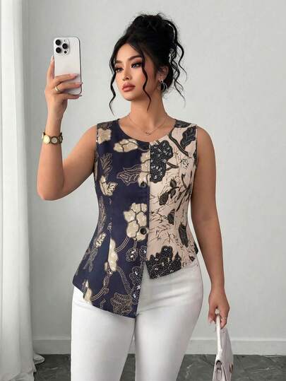 Elenzga Plus Size Sleeveless Asymmetrical Waist Vest Top With Ink Painting Print