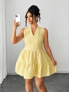 Elenzga Đầm dự tiệc thanh lịch cổ chữ V dáng rộng không tay dành cho nữ cỡ lớn, chất liệu vải có họa tiết, đầm hè dễ thương cho nữ, đầm chất lượng tốt, đầm mới về cho nữ, đầm mặc thường ngày - Màu vàng - Xem 3