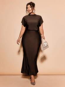 Cravure Plus Size Women Solid Color Stand Collar Elegant Waist Cinched Party Dress - Brown - View 5