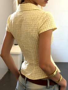 EMERY ROSE Women's Plaid Lapel Single-Breasted Casual Versatile Commuting Short Sleeve Shirt - Yellow - View 2