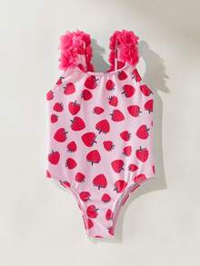 Maija Kids Maija Kids 1件装少女休闲优雅度假修身可爱草莓印花吊带泳衣，适合泳池、海滩、海边、沙滩派对、春夏季节穿着。 - 粉色 - 查看 3