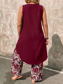 EMERY ROSE Plus Size Women Solid Color Round Neck Top And Wide Leg Pants Casual Everyday Set Fall - Red Violet - View 2
