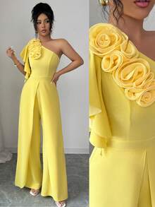 GlowEve 春夏不对称荷叶边无袖连体裤，浅黄色，收腰设计，优雅花卉装饰，别致法式度假风女装，单肩连体裤，黄色优雅连体裤，黄色连体裤，女士黄色阔腿连体裤，女士连体裤，菲律宾风情花卉细节连体裤，女士正式连体裤，女士黄色连体裤 - 黃色 - 查看 7