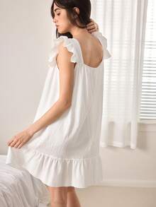 Ocili 棉质提花梭织波西米亚风前开襟刺绣舒适水溶蕾丝极简主义睡裙女装 - 白色 - 查看 3