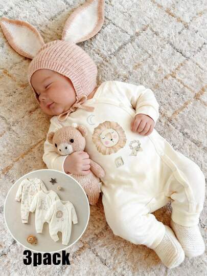 Vintaside Kids 3件組/套 新生兒嬰兒中性款 0-3歲 嬰兒可愛動物印花連身衣套裝 柔軟面料 米色 秋季可愛家庭套裝 中性嬰兒服飾