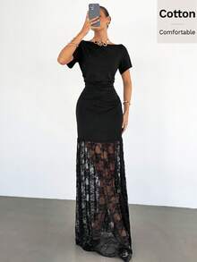 Siren Gaze 女士优雅黑色撞色蕾丝长裙，正式礼服 - 黑色 - 查看 3