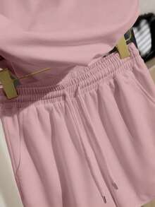 Resyla Plus Size Women Summer Casual Outfit, Solid Color T-Shirt And Shorts Set, Versatile Daily Wear - Pink - View 6