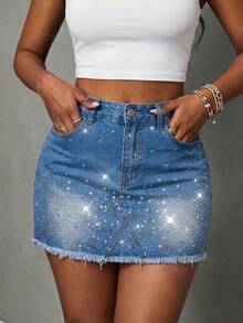 Slaydiva Women's Fashion Rhinestone Fringe Denim Mini Skirt - Blue - View 3