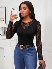 SHEIN Lady 女士蕾丝圆领修身休闲长袖T恤 - 黑色 - 查看 6