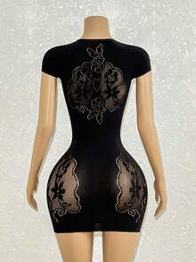 EgrlEra Women's Sexy Black V-Neck Short Sleeve Mini Dress - Black - View 2