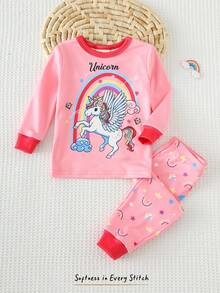 Cozy Pixies Bộ đồ ngủ ôm sát cho bé gái, họa tiết kỳ lân hoạt hình dễ thương phát sáng trong bóng tối, áo tay ngắn cổ tròn bằng vải dệt kim mềm mại và quần legging cạp chun, 2 món. - Hồng - Xem 3