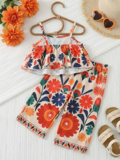 SHEIN Playful Pals 2件組女嬰花卉印花細肩帶上衣&寬腿褲 米色夏季度假休閒套裝 趣味熱帶海灘幼童套裝衣服
